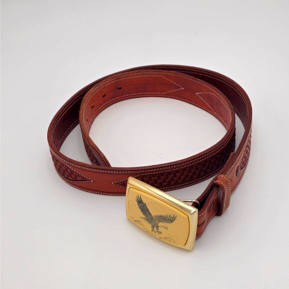 Western  Men's Eagle Belt Hand Tooled  Tan/Brown 42"L - 1.5"W - Picture 1 of 6